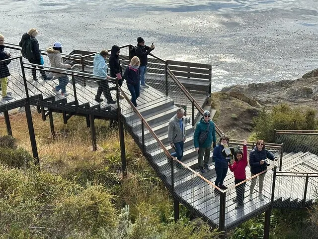 Tour group walking down a wooden boardwalk towards the ocean at Strait of Magellan Park