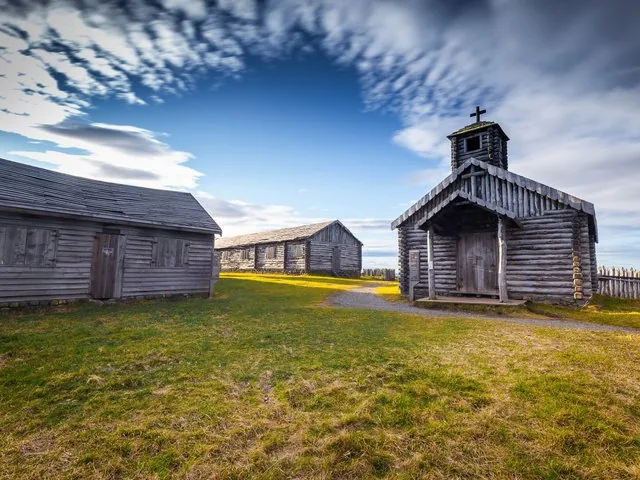 Reconstructed wooden buildings and a small church at Fuerte Bulnes